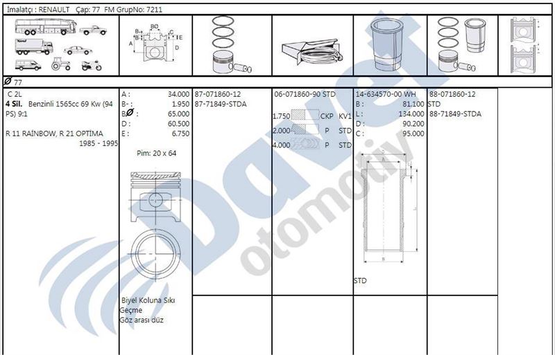 YEN-9202-STD Segman 77.00 Mm Std ( Renault   Fairway 1.6-- Optima )